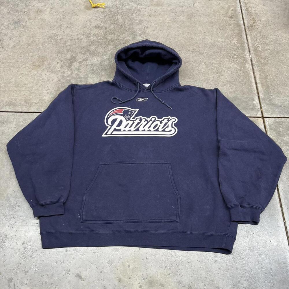 vintage new england patriots reebok big logo spell out hoodie size xl